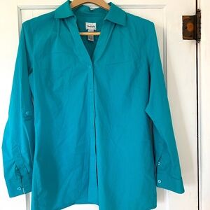 Chico's Cotton Blend Long Sleeve Button Down Collared Blouse Turquoise Size: 1